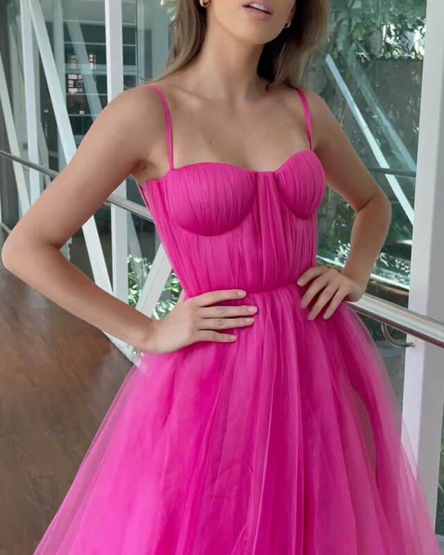 Long Hot Pink Tulle Corset Slit Prom Dress