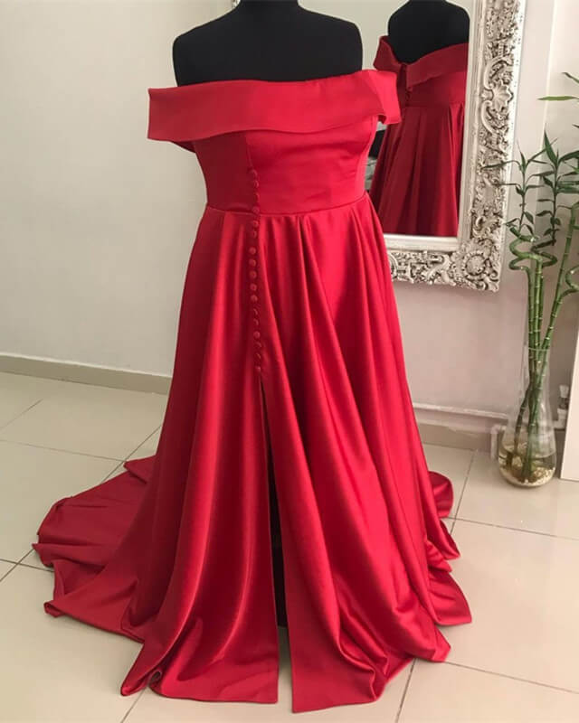 Long Red Plus Size Satin Off Shoulder Dress