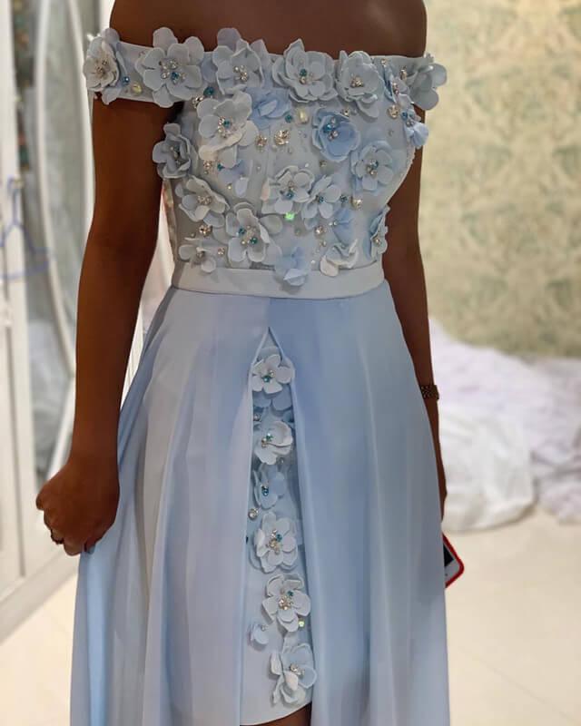 Light Blue Lace Flowers Prom Dresses Removable Skirt - RongMoon