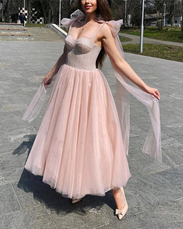 Blush Tulle Ankle Length Dress With Sparkly Corset - RongMoon