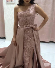 Mermaid Rose Gold Sequin Prom Dress Removable Train - RongMoon