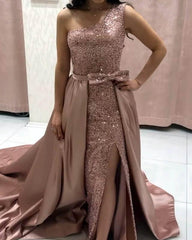 Mermaid Rose Gold Sequin Prom Dress Removable Train - RongMoon