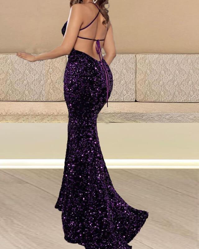Mermaid Purple Sequin Dress V-neck Cross Back - RongMoon