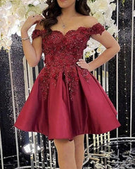 Burgundy Mini Prom Dress With 3D Lace Flowers - RongMoon