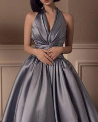 Silver Halter Ball Gown Satin Dress - RongMoon