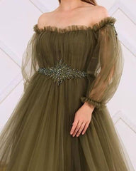 Olive Green Tulle Long Sleeve Off-Shoulder Dress - RongMoon
