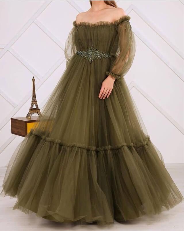 Olive Green Tulle Long Sleeve Off-Shoulder Dress - RongMoon