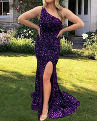 Mermaid Purple Sequin One Shoulder Slit Dress - RongMoon