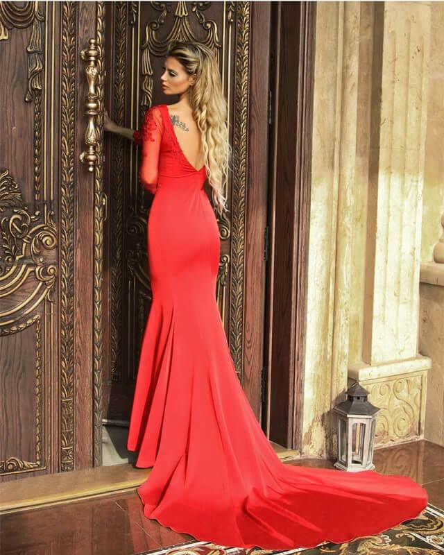 Mermaid Red Satin Dress With Lace Sleeve - RongMoon