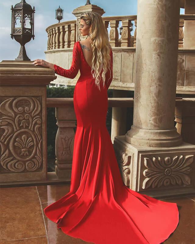 Mermaid Red Satin Dress With Lace Sleeve - RongMoon