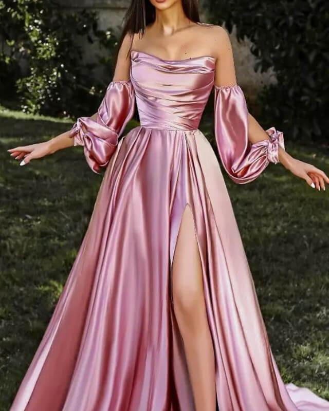 Long Strapless Removable Satin Dress With Slit - RongMoon