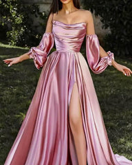 Long Strapless Removable Satin Dress With Slit - RongMoon