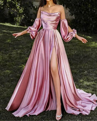 Long Strapless Removable Satin Dress With Slit - RongMoon