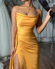 Mermaid Gold Strapless Slit Prom Dress - RongMoon