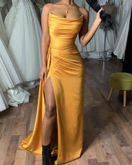 Mermaid Gold Strapless Slit Prom Dress - RongMoon