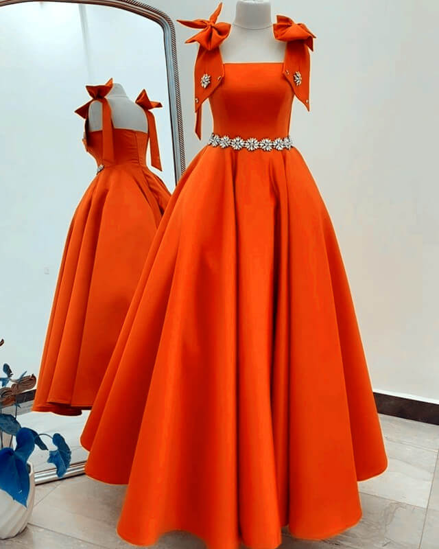 Ball Gown Orange Satin Dress With Straps