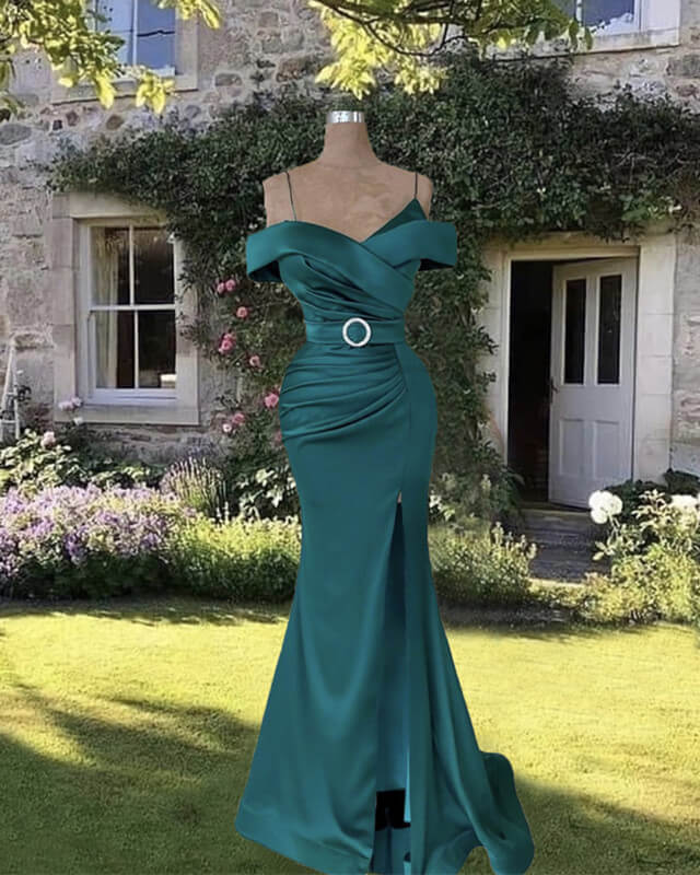 Mermaid Dark Green Cold Shoulder Satin Dress