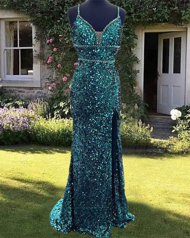 Mermaid Emerald Green Sequin V-neck Dress