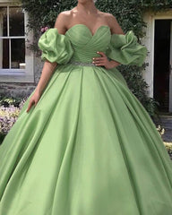 Ruched Sweetheart Puffy Sleeve Satin Ball Gown - RongMoon