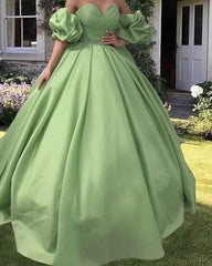Ruched Sweetheart Puffy Sleeve Satin Ball Gown - RongMoon