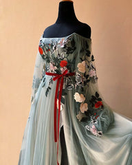 Tulle Off The Shoulder 3D Lace Dress With Split