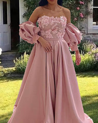 Light Pink Satin Puffy Sleeves Formal Gown