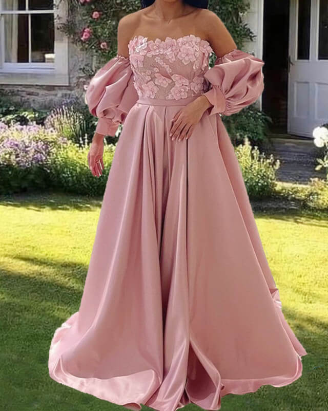 Light Pink Satin Puffy Sleeves Formal Gown