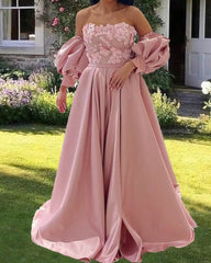 Light Pink Satin Puffy Sleeves Formal Gown