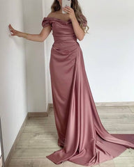 Mermaid Cowl Neck Off Shoulder Satin Dress