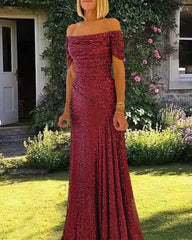 Mermaid Burgundy Sequin Off Shoulder Dress