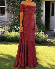 Mermaid Burgundy Sequin Off Shoulder Dress