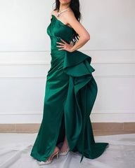 Long Strapless Split Ruffles Satin Dress