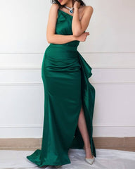 Long Strapless Split Ruffles Satin Dress