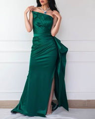 Long Strapless Split Ruffles Satin Dress