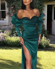 Mermaid Emerald Satin Sleeved Dress - RongMoon