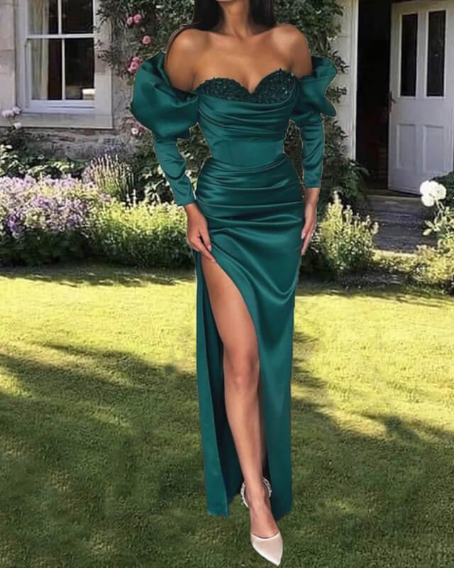 Mermaid Emerald Satin Sleeved Dress - RongMoon