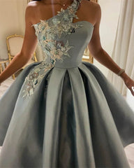 One Strap Ball Gown Midi Satin Dress Lace Embroidery