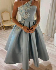 One Strap Ball Gown Midi Satin Dress Lace Embroidery