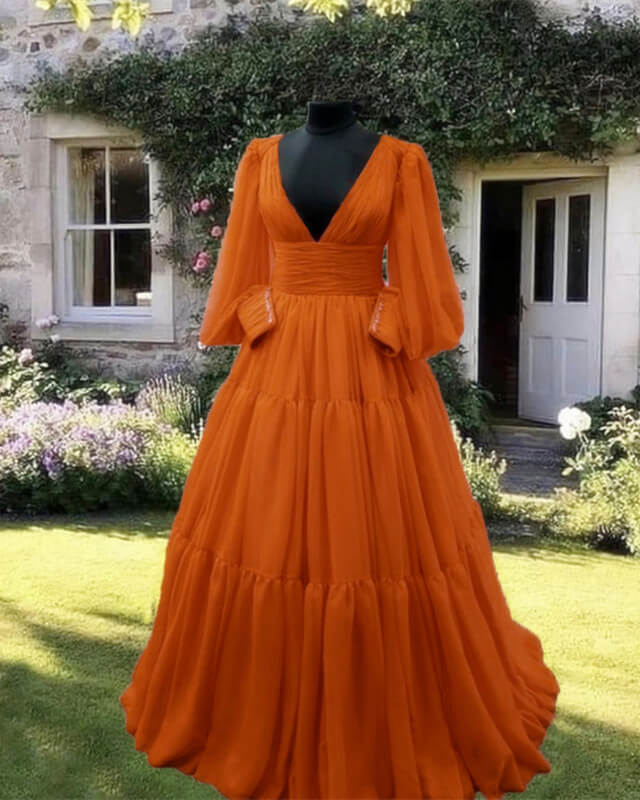 Burnt Orange Tulle V-Neck Ball Gown Dress