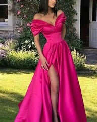 Hot Pink Satin Off Shoulder Dress With Slit - RongMoon
