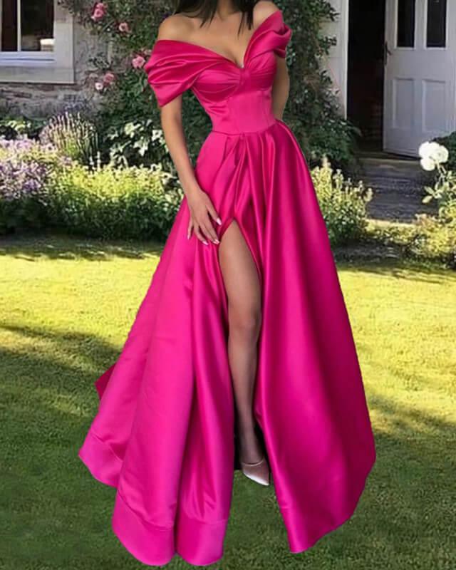 Hot Pink Satin Off Shoulder Dress With Slit - RongMoon