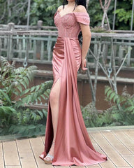 Mermaid Gold Lace Corset Slit Satin Dress - RongMoon