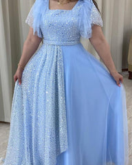 Modest Blue Tulle Puffy Sleeve Prom Dress - RongMoon