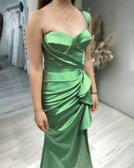 Mermaid Army Green Satin Dress One Strap - RongMoon