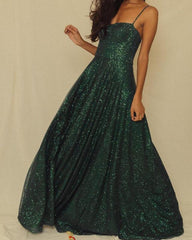 Long Green Sparkly Dress Strapless Open Back - RongMoon