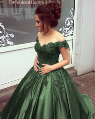 Olive Green Satin Ball Gown With 3D Lace Flowers - RongMoon