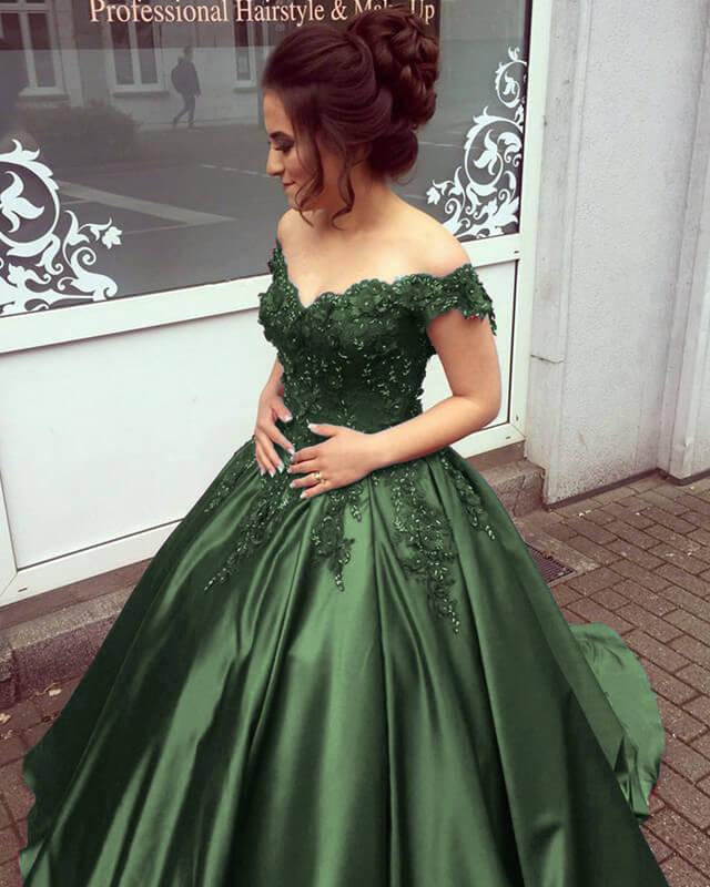 Olive Green Satin Ball Gown With 3D Lace Flowers - RongMoon
