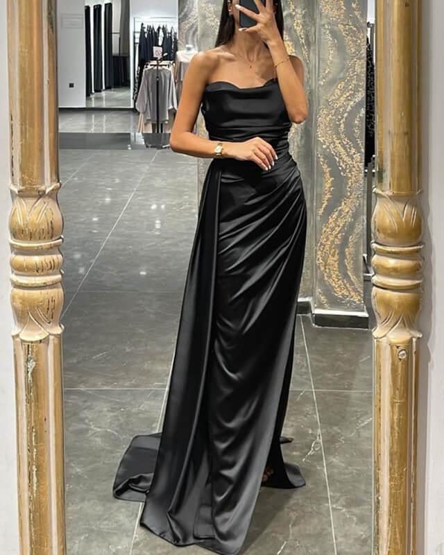 Mermaid Cowl Neck Slit Satin Dress - RongMoon