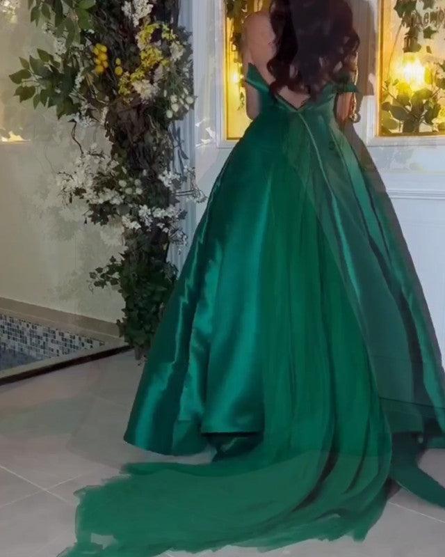 Emerald Satin Strapless Ball Gown Dress - RongMoon