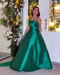 Emerald Satin Strapless Ball Gown Dress - RongMoon